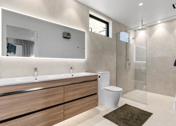 Fully Tiled Bathroom Wood Vanity