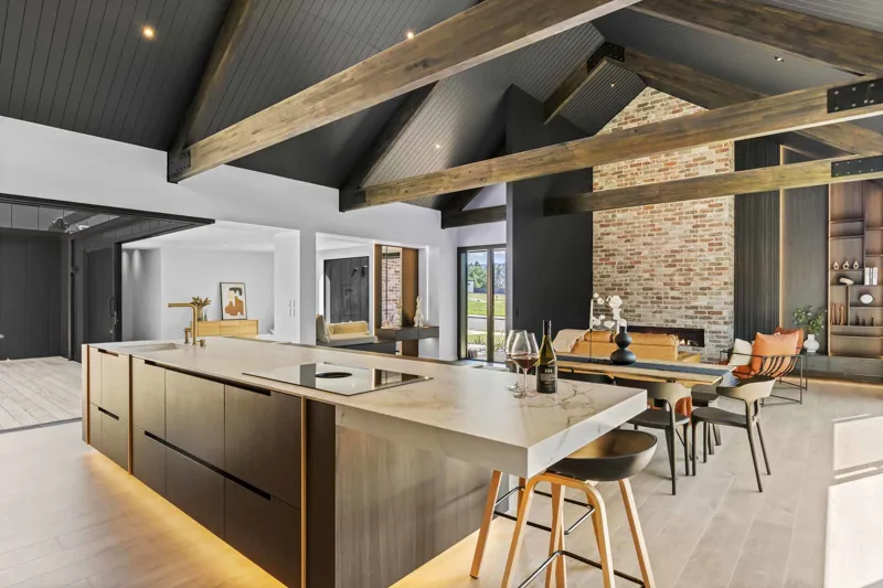 Living And Kitchen With Feature Exposed Trusses