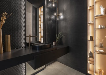 Luxury Powder Room Black Hexagon Tiles