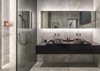 Luxurious Dark Tiled Bathroom Double Basin Shower