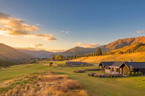 Architecturally designed home on a golf course in Queenstown, New Zealand, with Central Otago mountains at golden hour